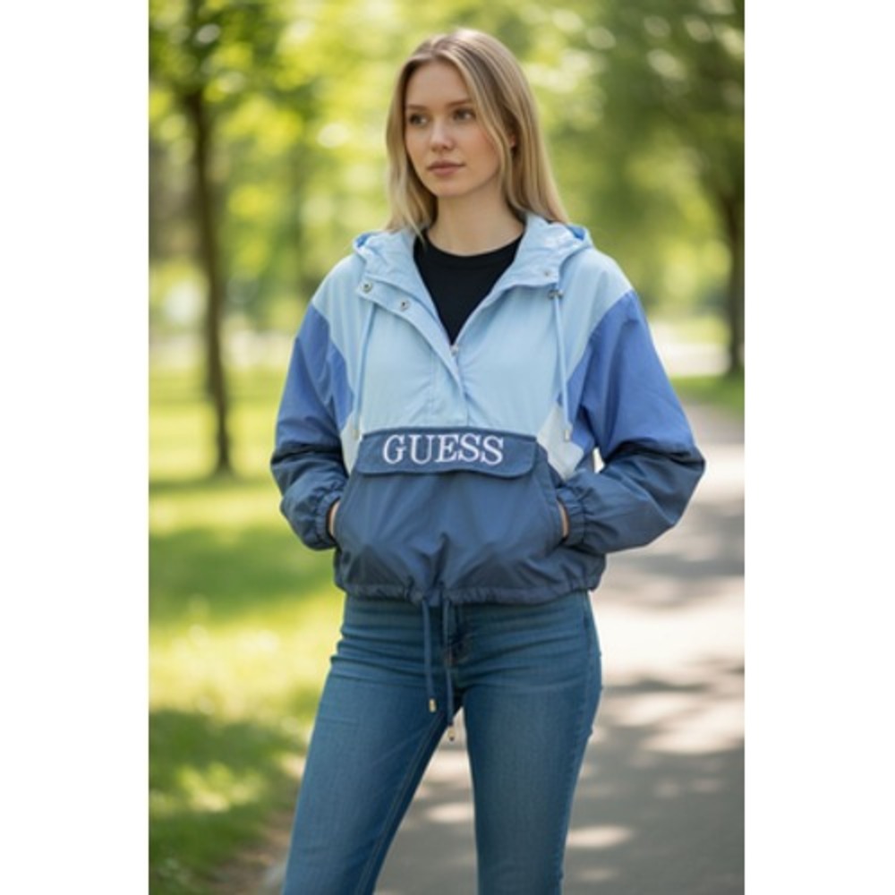 GUESS Windbreaker Jacket Womens Medium Blue Colorblock Spell Out P0HW67535